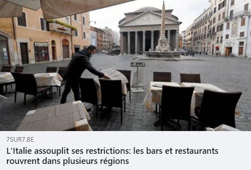 L'Italie assouplit ses restrictions: les bars et restaurants rouvrent dans plusieurs régions